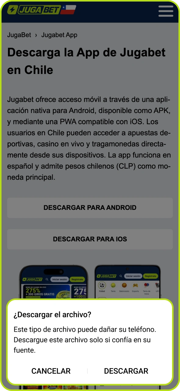 Confirma el proceso de descarga del archivo APK de la aplicación Jugabet.