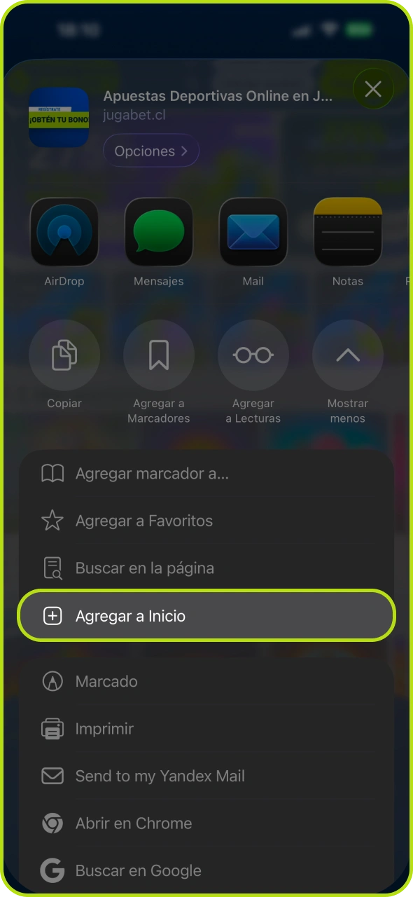 Agrega la aplicación Jugabet a tu pantalla de inicio desde el menú.
