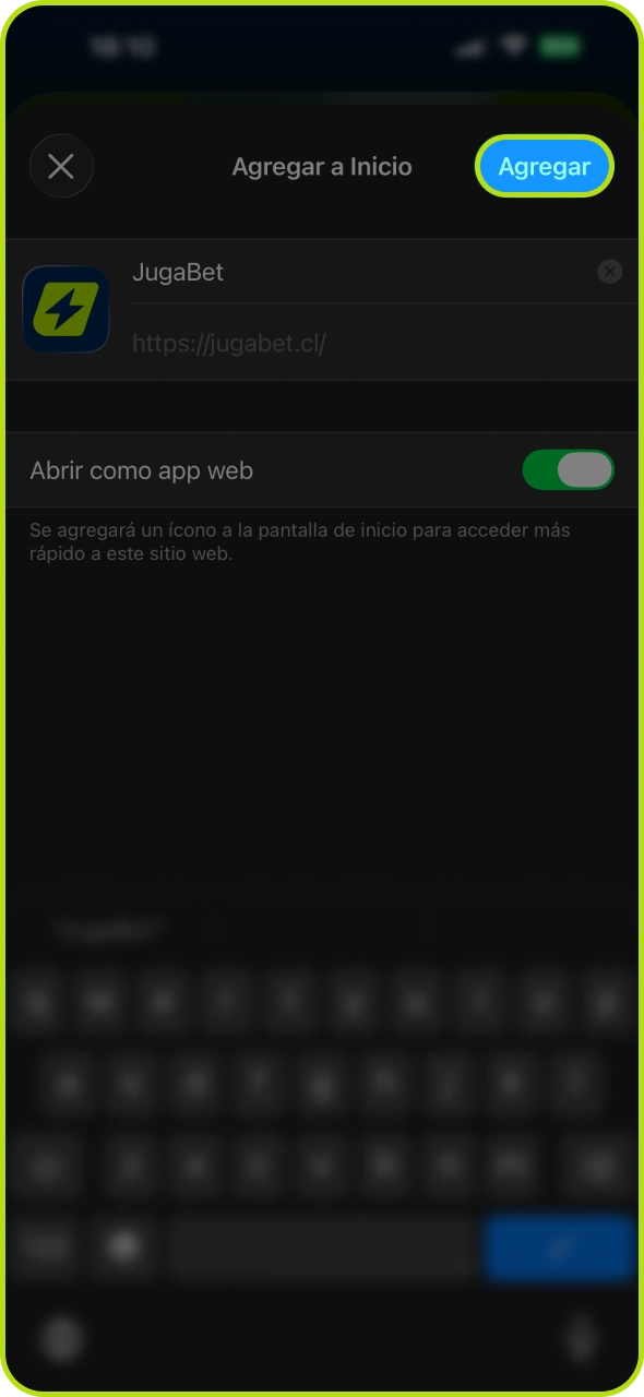 Introduce el nombre de la aplicación Jugabet y pulsa el botón para confirmar.