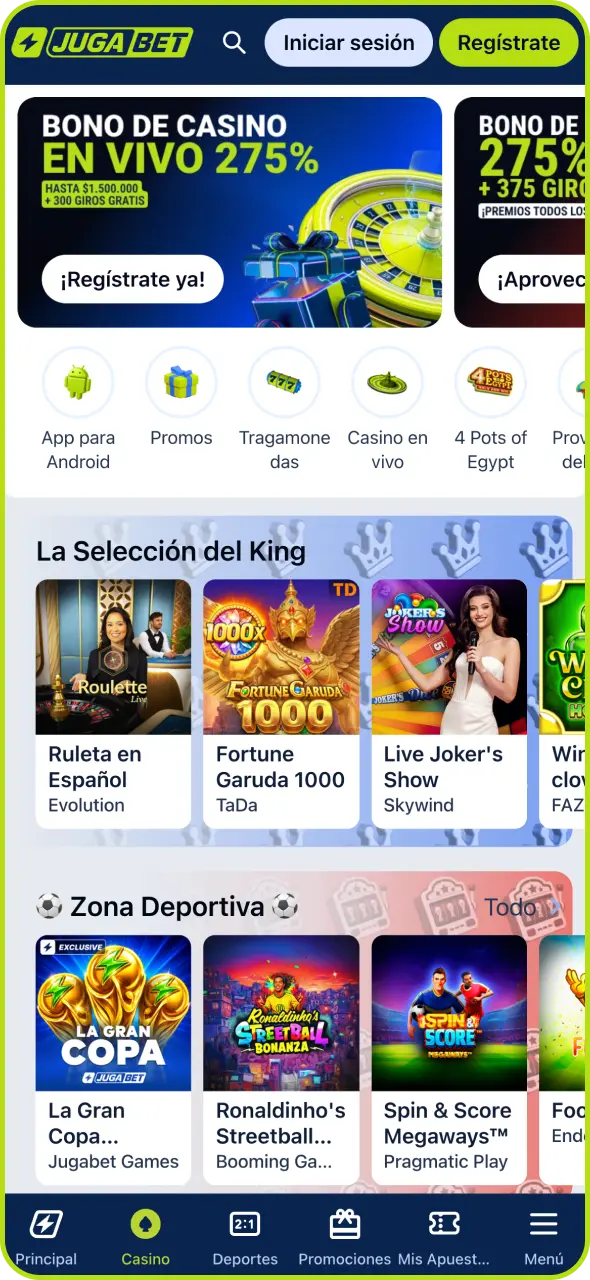 Explora los juegos de casino disponibles en la aplicación Jugabet.