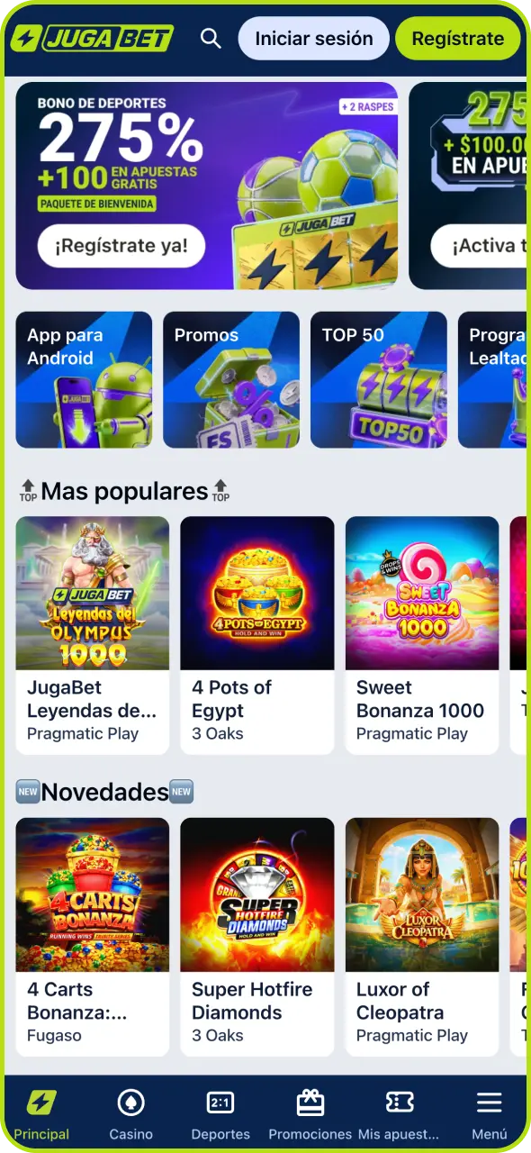 Abre la página principal de la aplicación Jugabet.