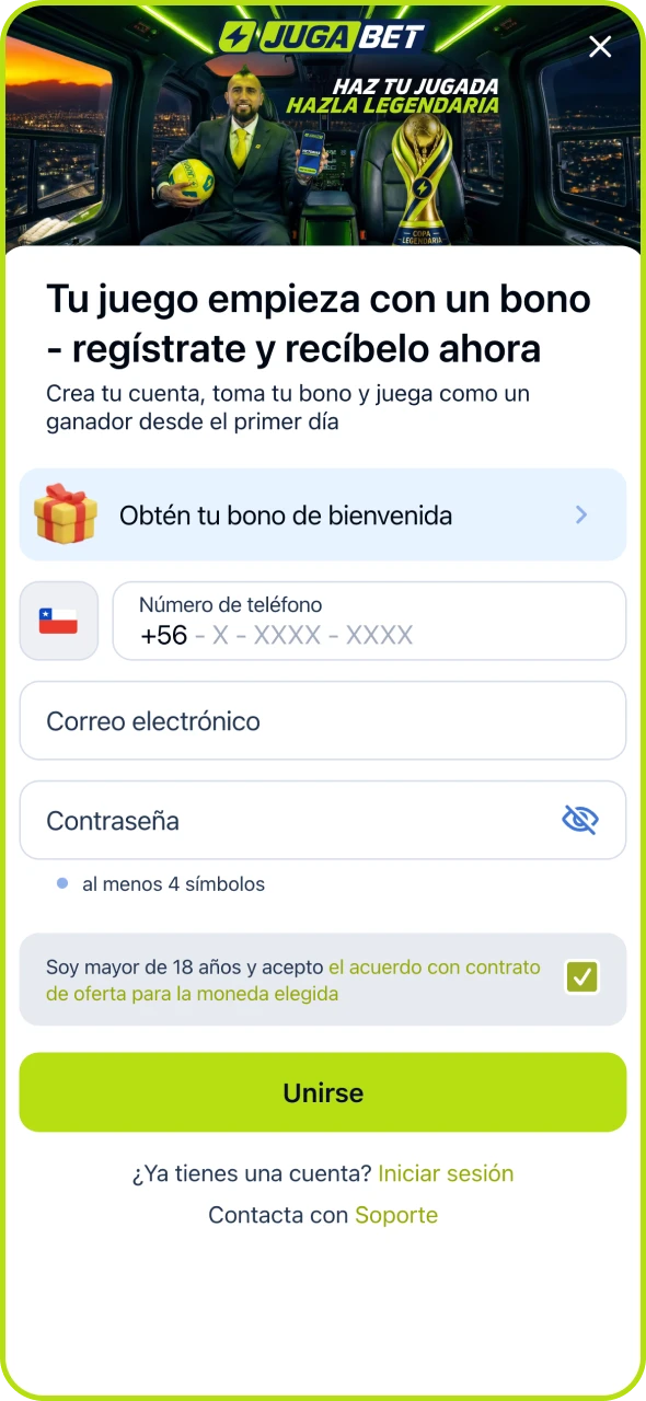 Abre el formulario de registro en la aplicación Jugabet.