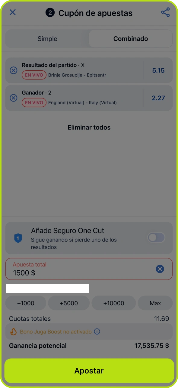 Haz clic en el botón para confirmar tu apuesta en el sitio web de Jugabet.