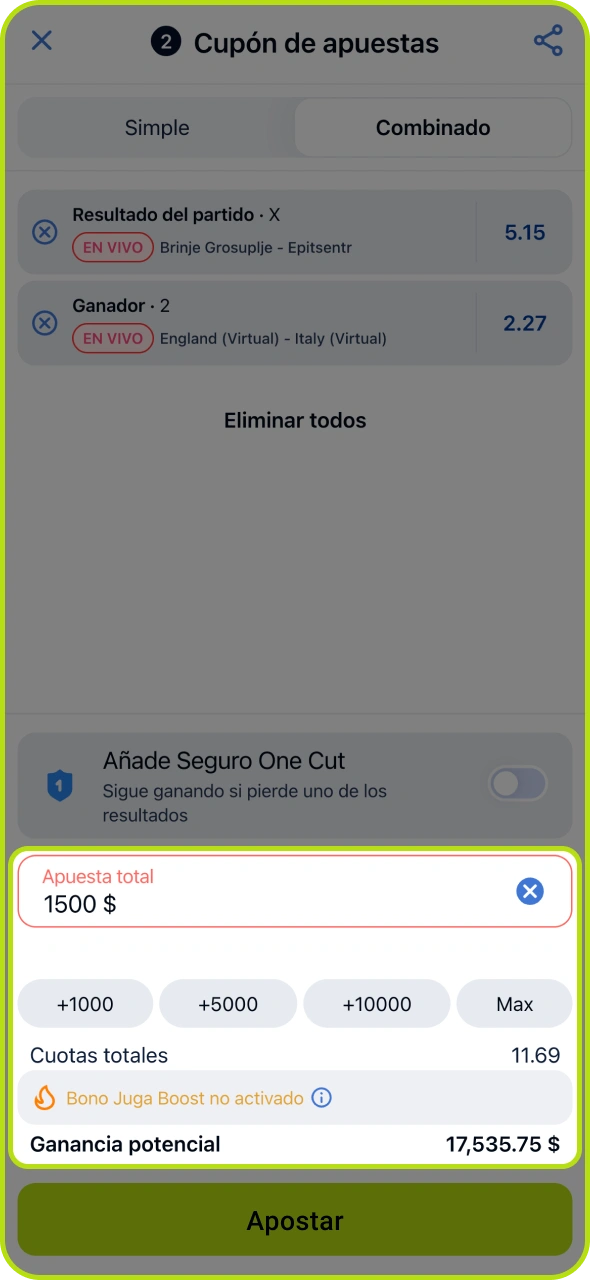 Introduce la cantidad que deseas apostar en Jugabet.