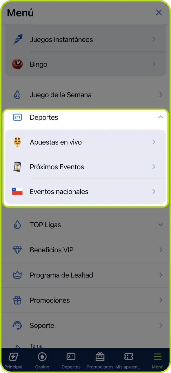 Acceda a la sección de deportes desde el menú principal de Jugabet.