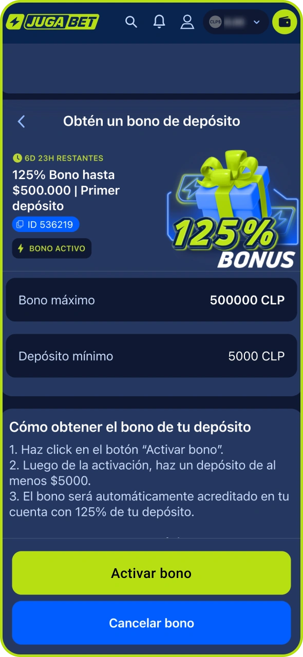 Dirígete a la sección de bonos de Jugabet para activar tu bono.