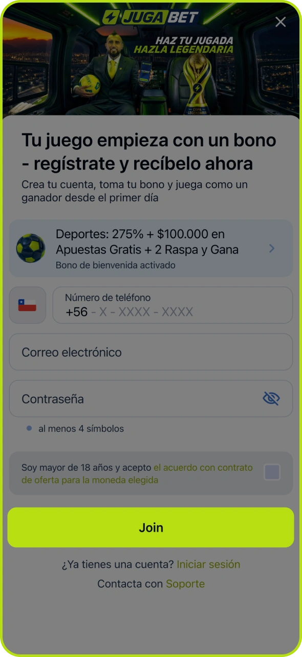 Crea tu cuenta en la plataforma oficial de Jugabet.
