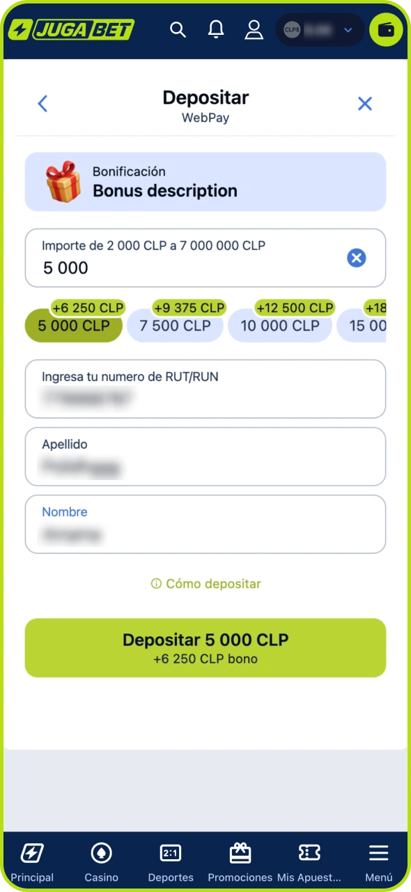 Realiza tu primer depósito mínimo para activar el bono de Jugabet.