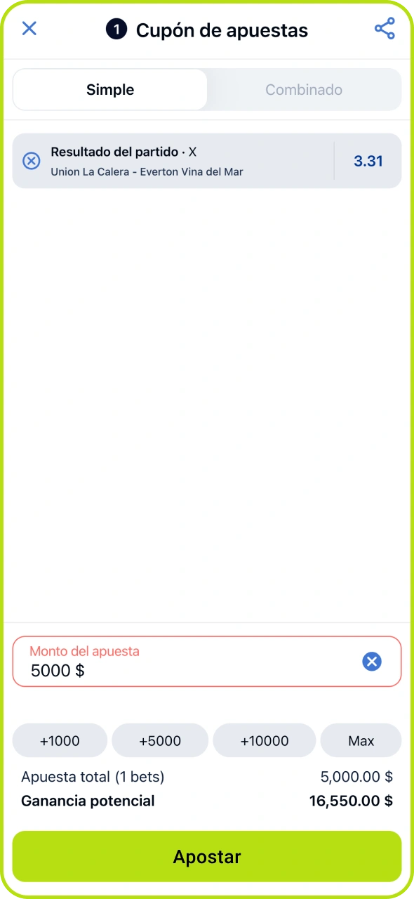 Introduce el importe de la apuesta y confirma el proceso en Jugabet.