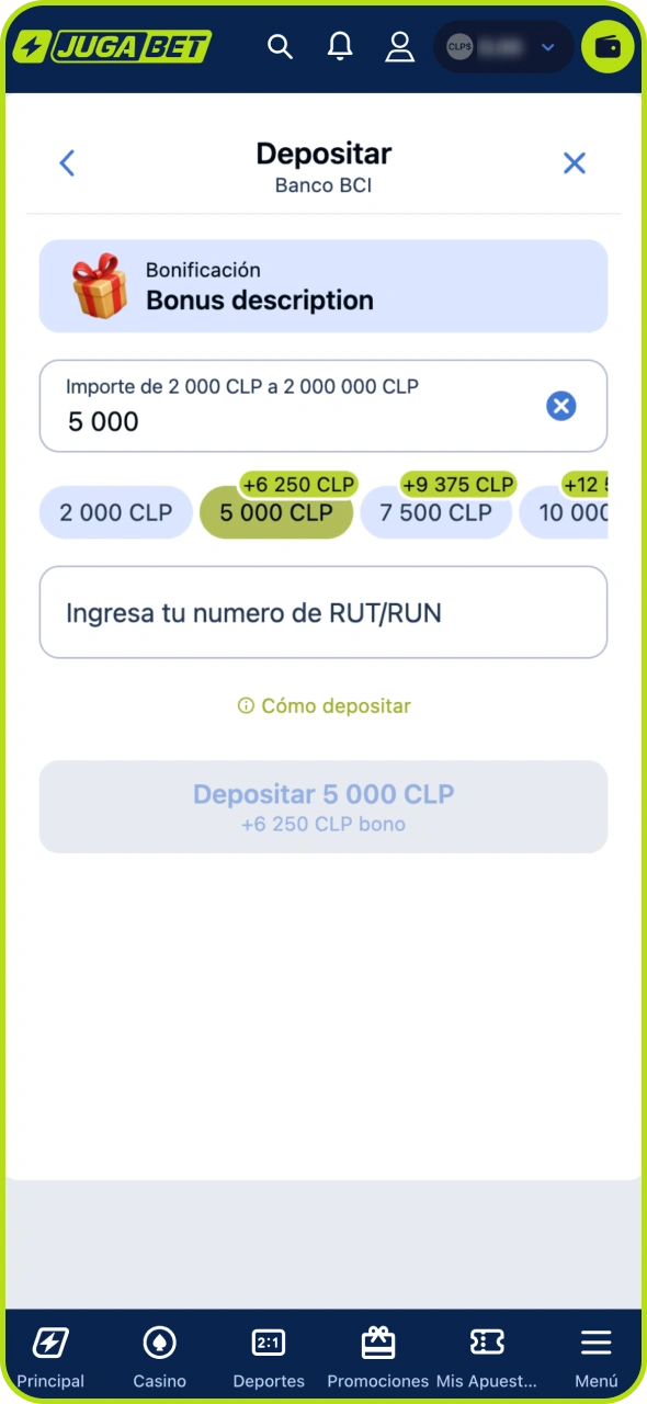 Dirígete a la sección de cajero de Jugabet para recargar tu cuenta.