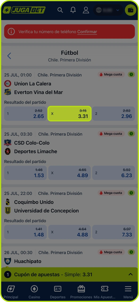 Selecciona el partido de fútbol y el mercado de Jugabet para realizar tu apuesta.