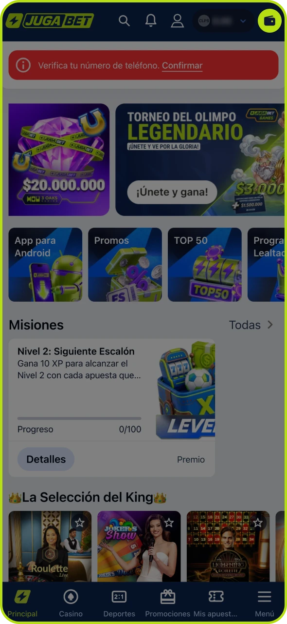 Pulsa el icono de depósito en la página principal de Jugabet.