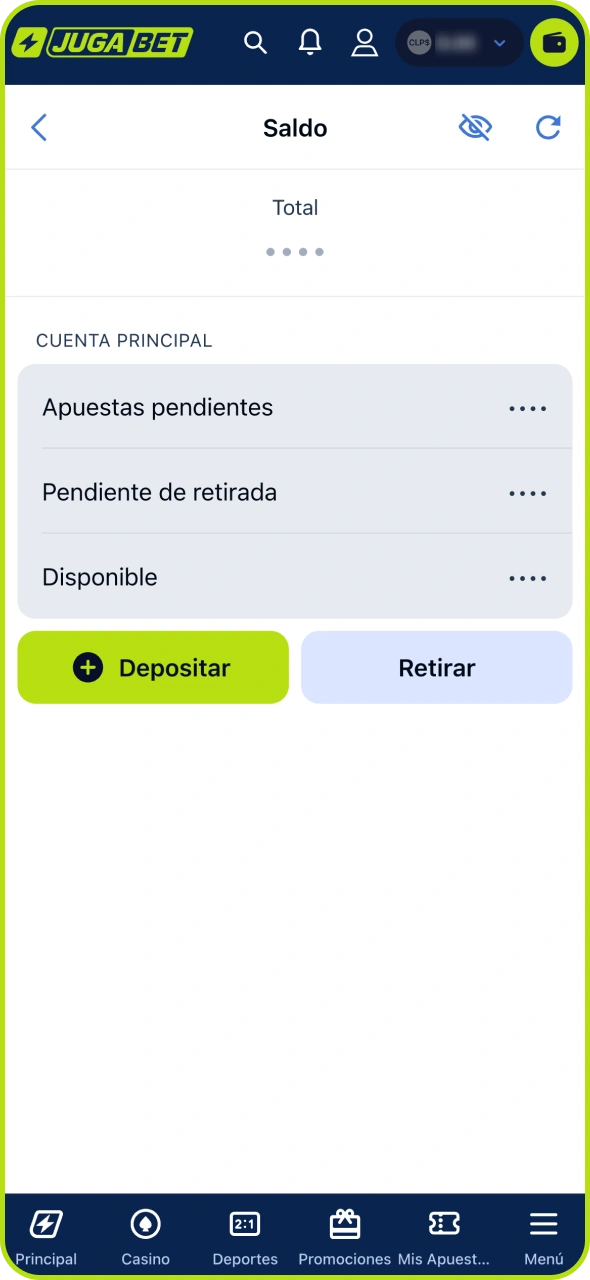 Consulta tu saldo en la sección de caja de Jugabet.