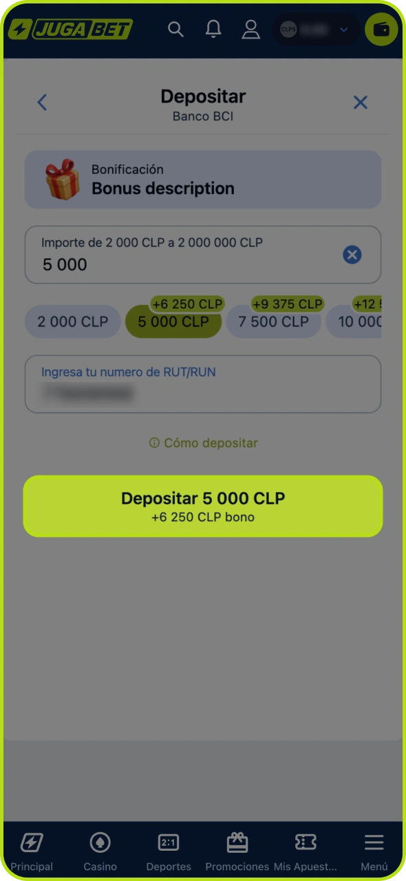 Introduce el importe del depósito y confirma el proceso en Jugabet.