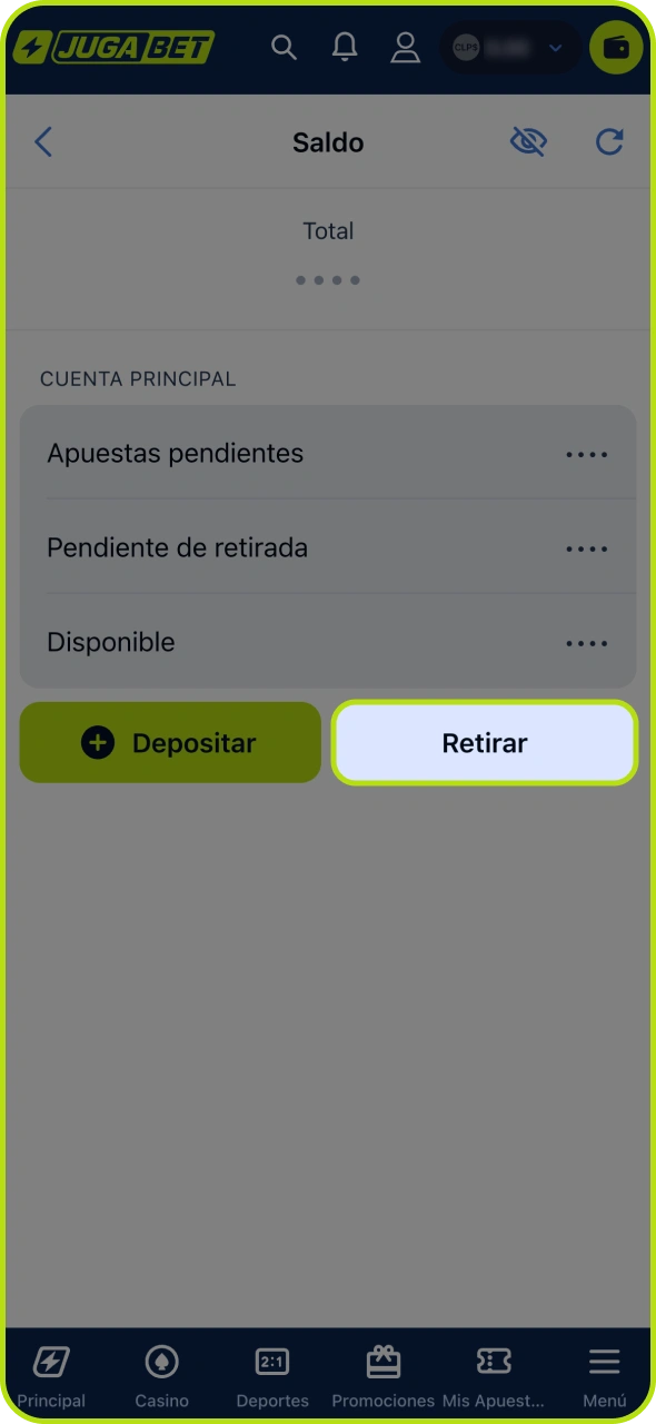 Acceda a la sección de retiros desde su cuenta de Jugabet.