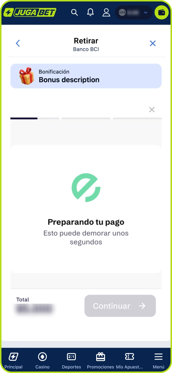 Espere a que finalice el proceso de retiro en Jugabet.