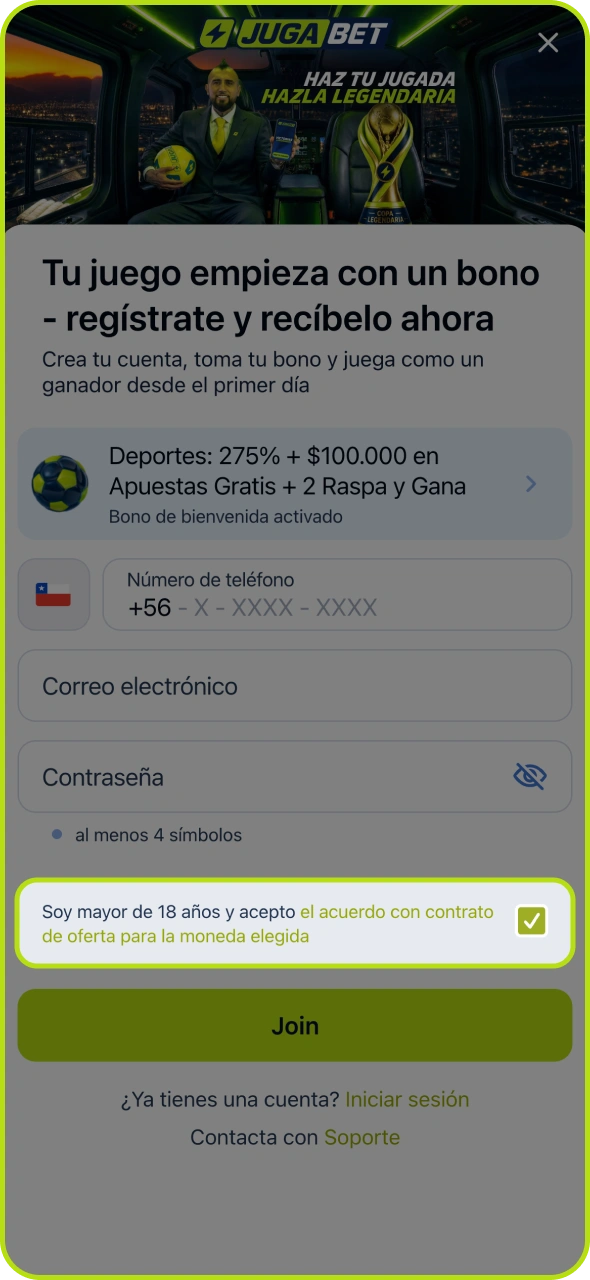 Marque la casilla para aceptar los términos y condiciones de Jugabet.