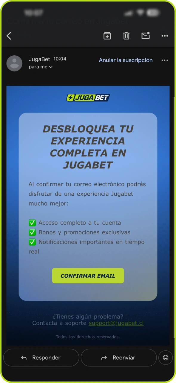Abre el mensaje de Jugabet para confirmar tu dirección de correo electrónico.