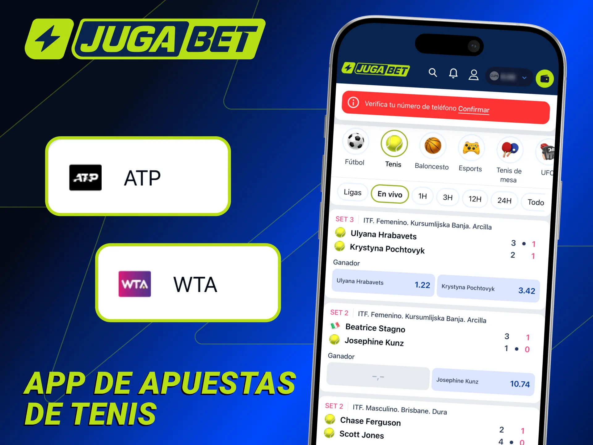 Instala la aplicación Jugabet en tu dispositivo y apuesta en tenis.